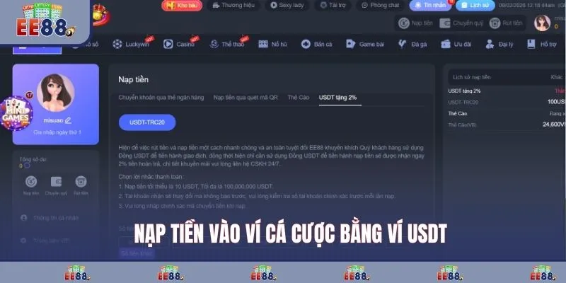 Nạp tiền vào ví cá cược bằng ví USDT
